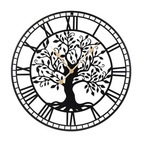 Large 27 Inch Wall Clock, Tree of Life Metal, Black