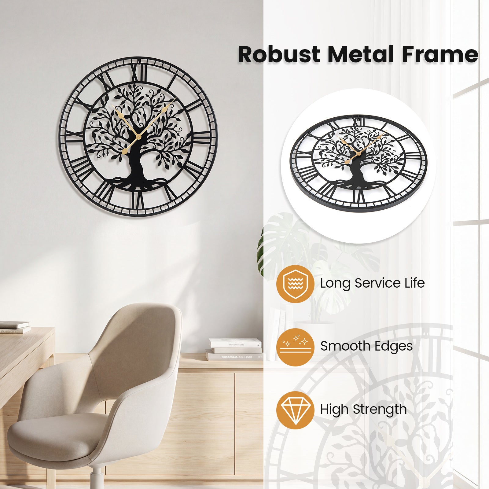 Large 27 Inch Wall Clock, Tree of Life Metal, Black Decorative Accessories at Gallery Canada