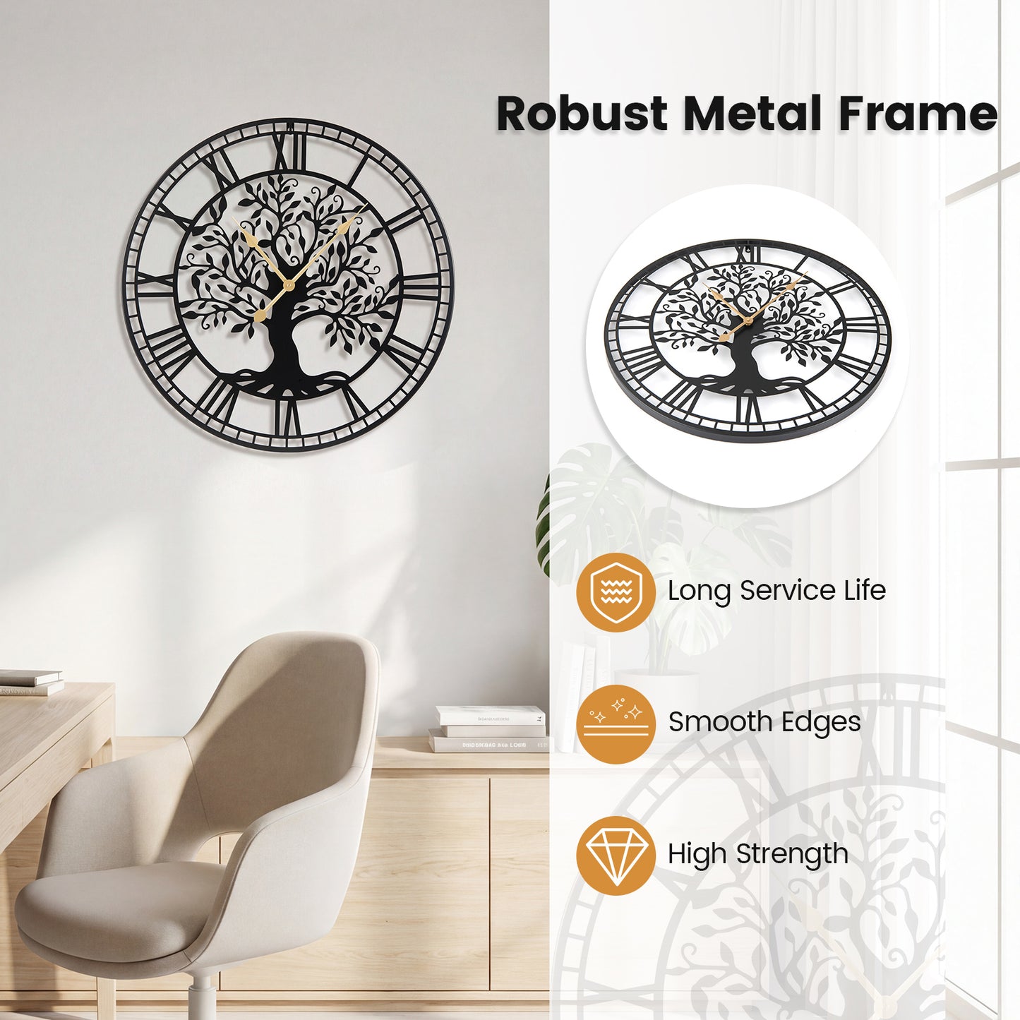 Large 27 Inch Wall Clock, Tree of Life Metal, Black Decorative Accessories at Gallery Canada