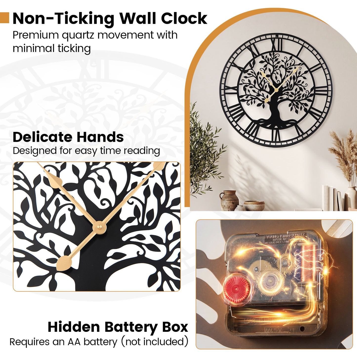 Large 27 Inch Wall Clock, Tree of Life Metal, Black Decorative Accessories at Gallery Canada