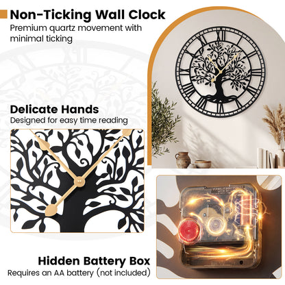 Large 27 Inch Wall Clock, Tree of Life Metal, Black Decorative Accessories at Gallery Canada