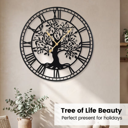 Large 27 Inch Wall Clock, Tree of Life Metal, Black Decorative Accessories at Gallery Canada