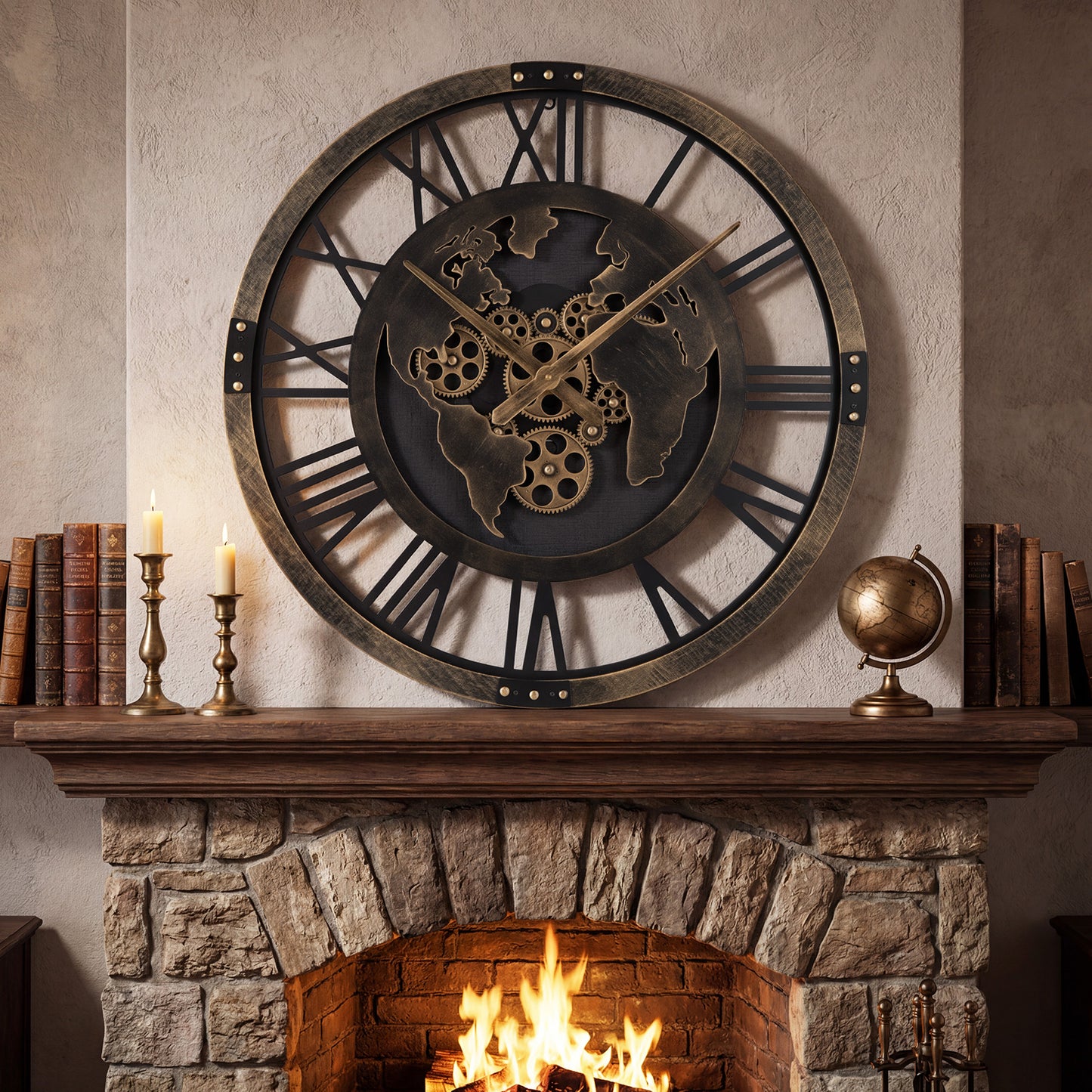 27" Large Gear Wall Clock With World Map, Brown Decorative Accessories at Gallery Canada