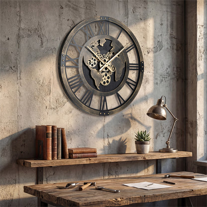 27" Large Gear Wall Clock With World Map, Brown Decorative Accessories at Gallery Canada