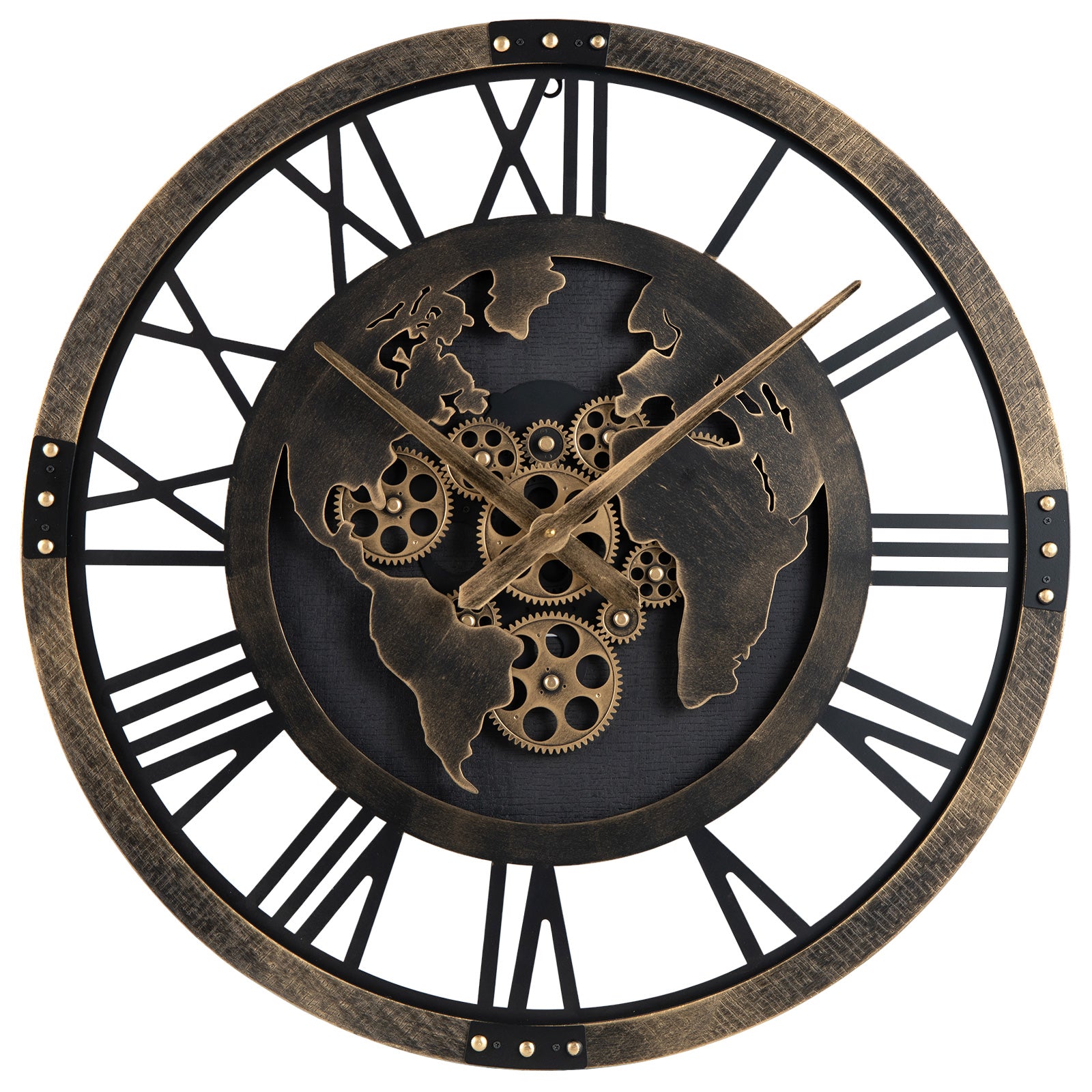 27" Large Gear Wall Clock With World Map, Brown Decorative Accessories Brown at Gallery Canada