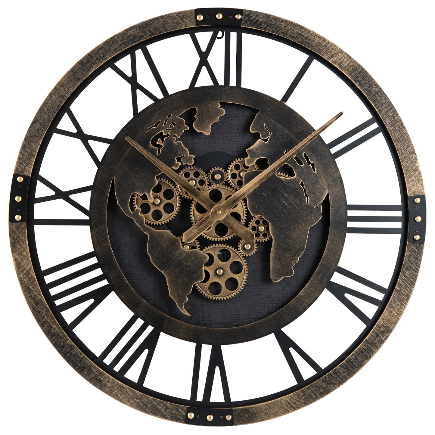 27" Large Gear Wall Clock With World Map, Brown Decorative Accessories Brown at Gallery Canada