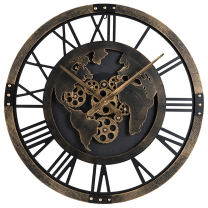 27" Large Gear Wall Clock With World Map, Brown Decorative Accessories Brown at Gallery Canada