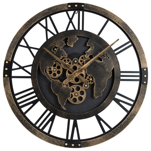 27" Large Gear Wall Clock With World Map, Brown