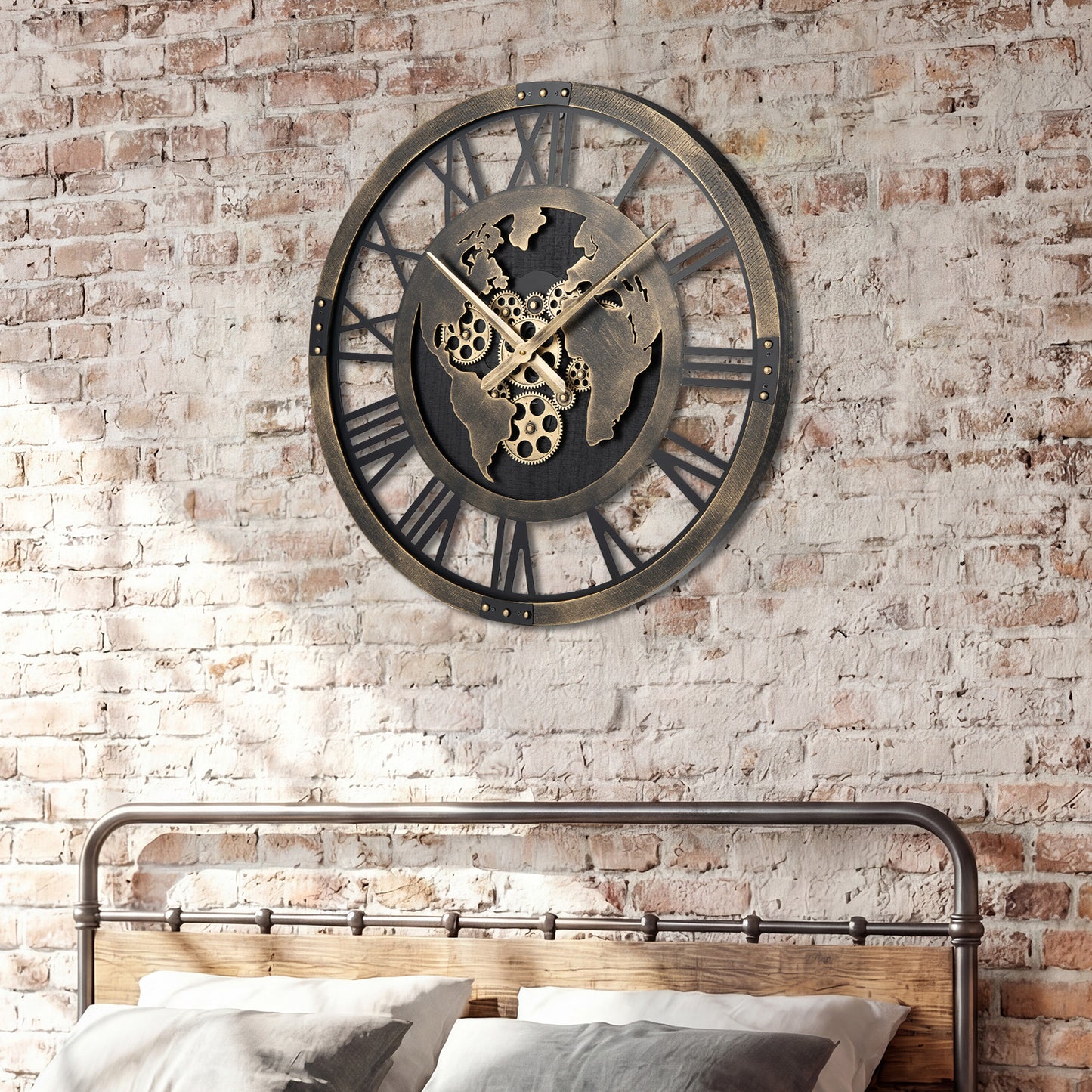 27" Large Gear Wall Clock With World Map, Brown Decorative Accessories at Gallery Canada