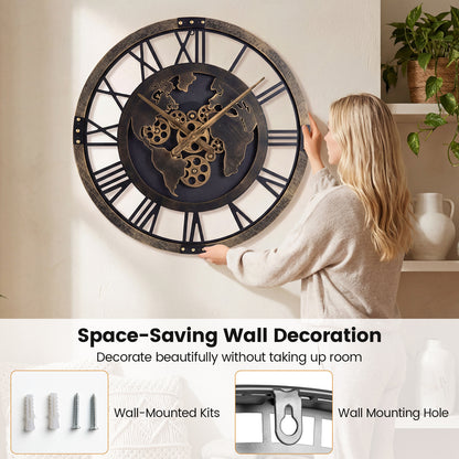 27" Large Gear Wall Clock With World Map, Brown Decorative Accessories at Gallery Canada