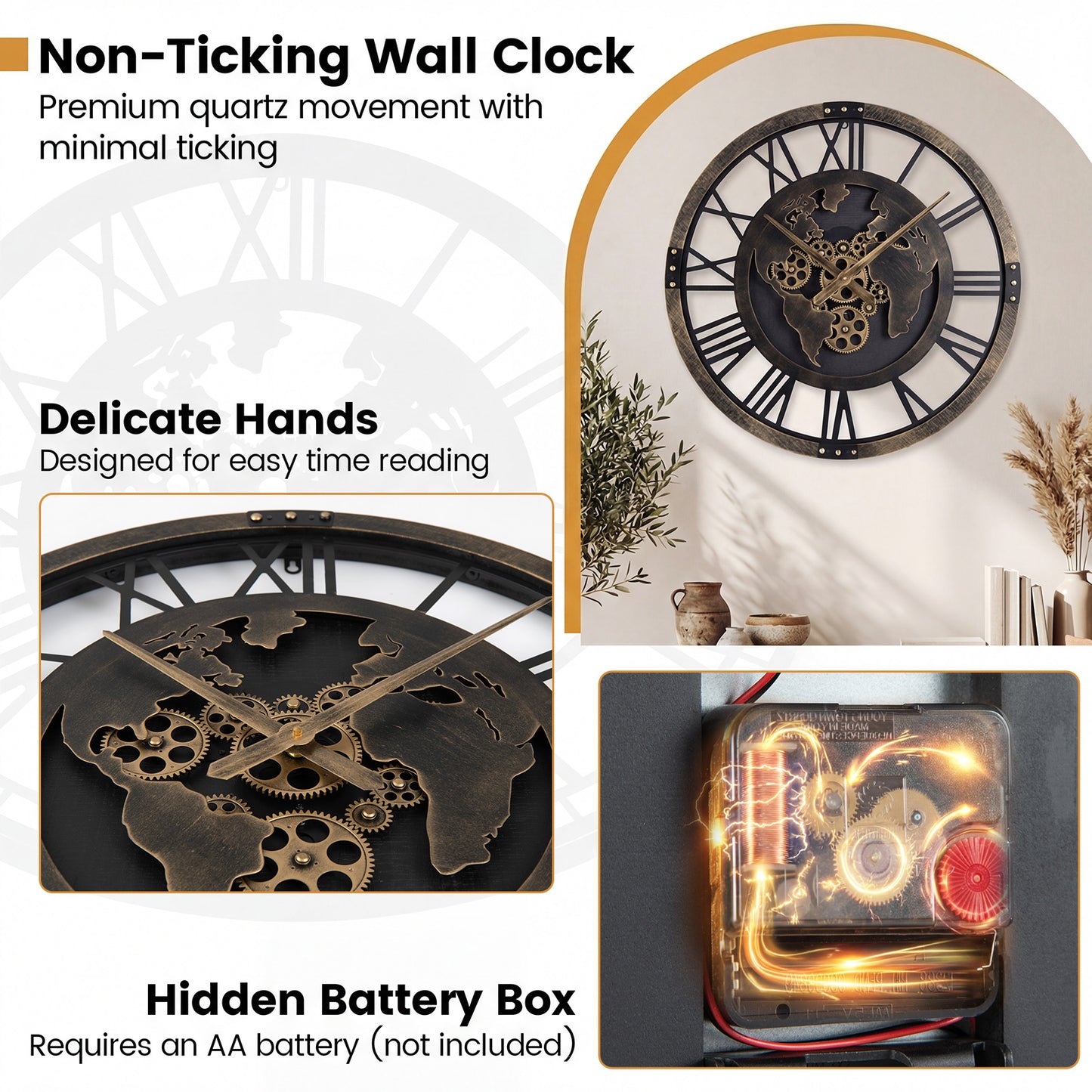 27" Large Gear Wall Clock With World Map, Brown Decorative Accessories at Gallery Canada