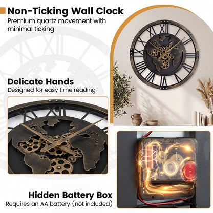 27" Large Gear Wall Clock With World Map, Brown Decorative Accessories at Gallery Canada