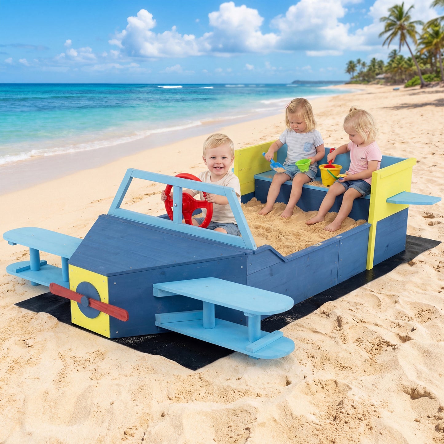 Large Wooden Kids Sandbox, With Bench Seat And Bottom Liner, Blue Sandboxes at Gallery Canada