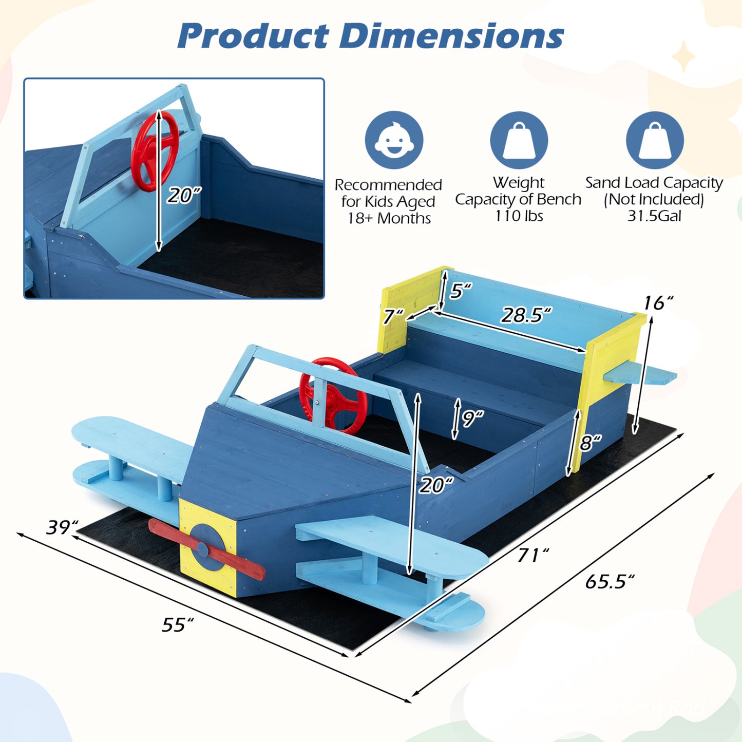 Large Wooden Kids Sandbox, With Bench Seat And Bottom Liner, Blue Sandboxes at Gallery Canada