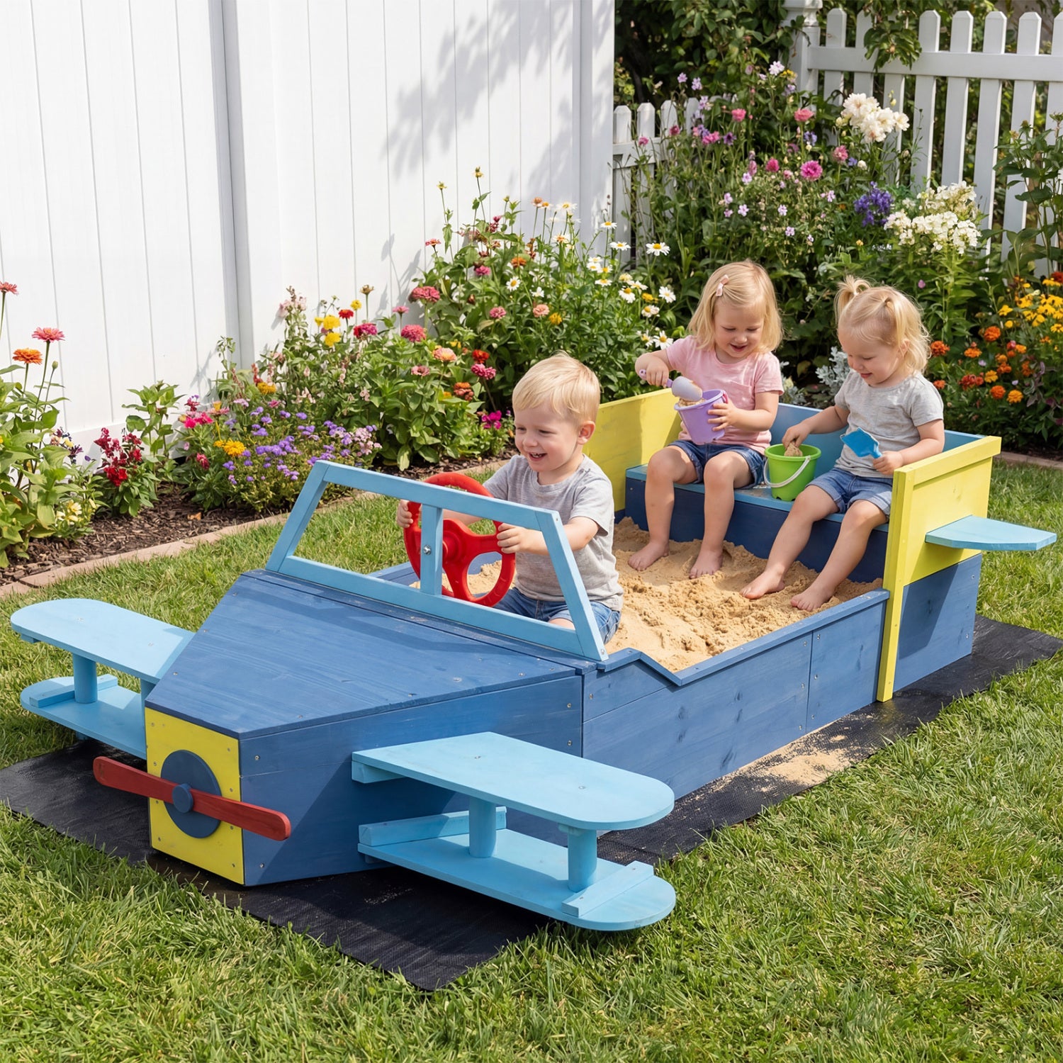 Large Wooden Kids Sandbox, With Bench Seat And Bottom Liner, Blue Sandboxes at Gallery Canada