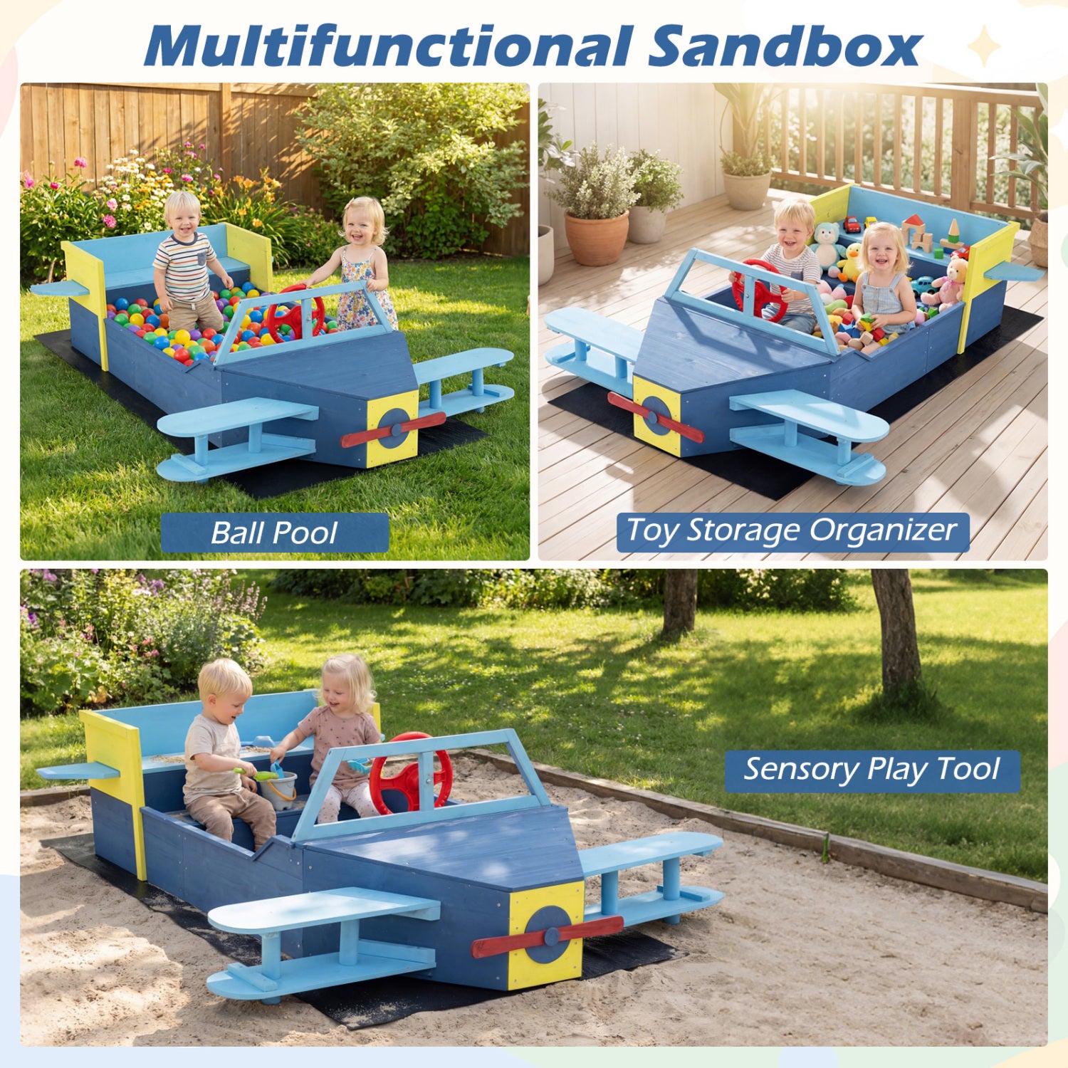 Large Wooden Kids Sandbox, With Bench Seat And Bottom Liner, Blue Sandboxes at Gallery Canada