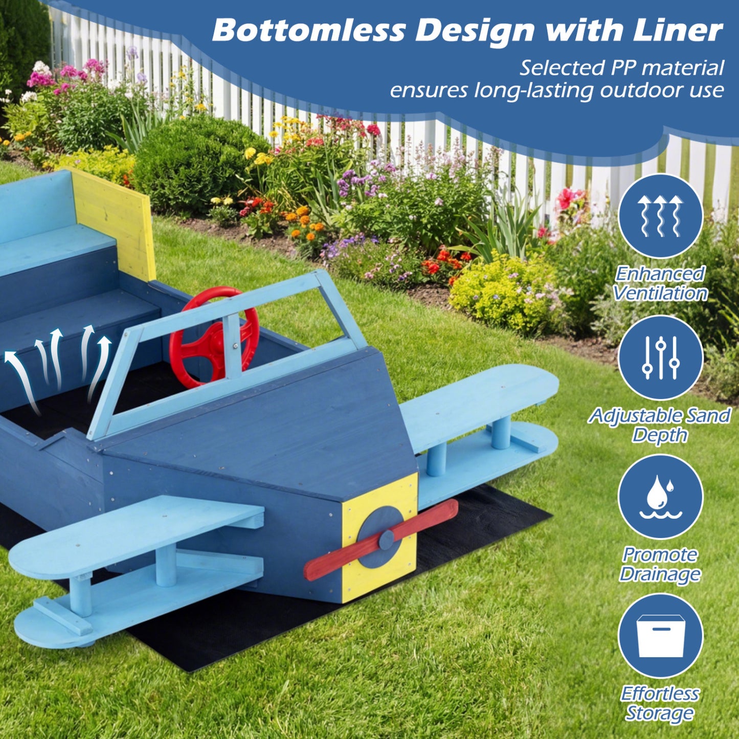 Large Wooden Kids Sandbox, With Bench Seat And Bottom Liner, Blue Sandboxes at Gallery Canada