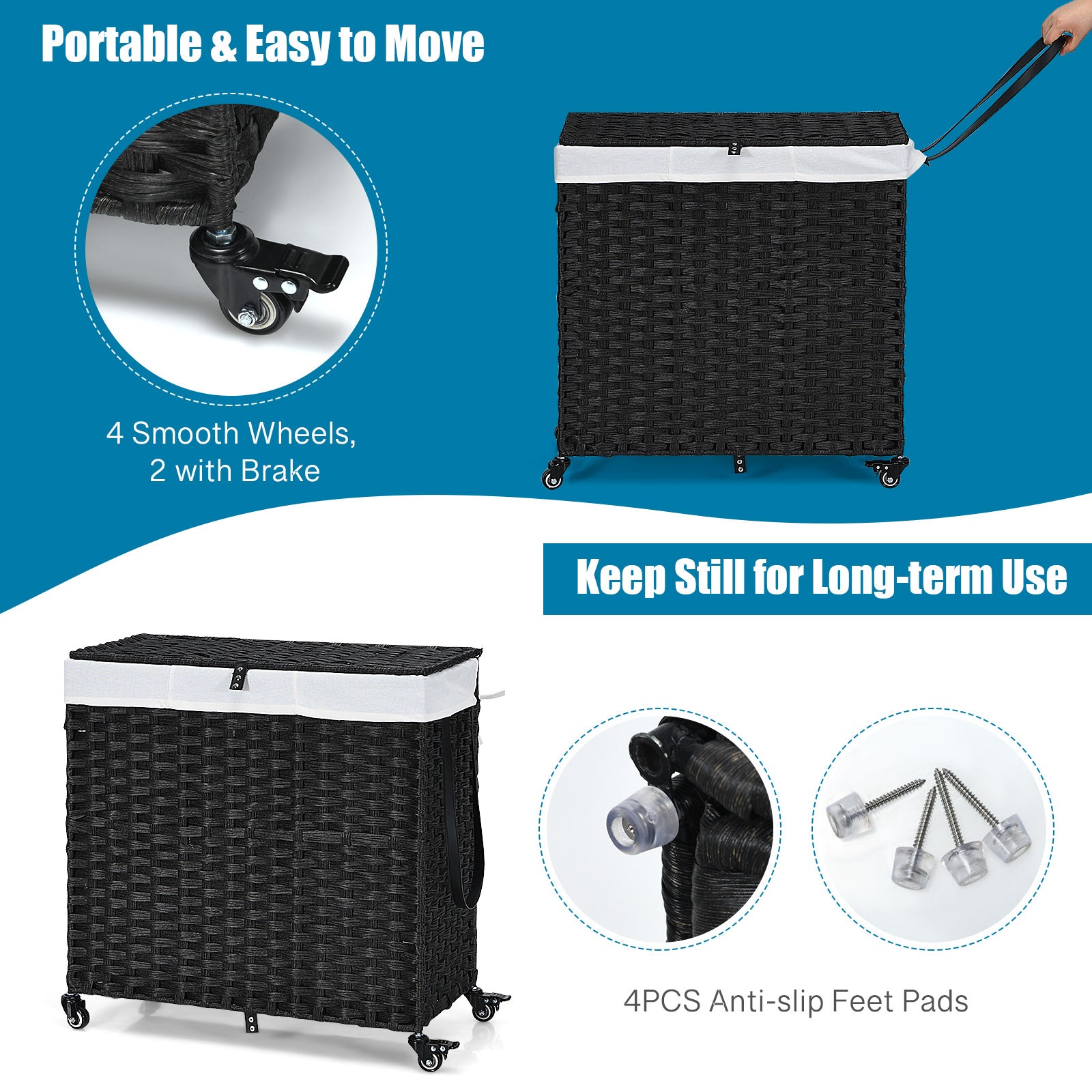 Laundry Hamper with Wheels and Lid, Black Laundry Baskets at Gallery Canada