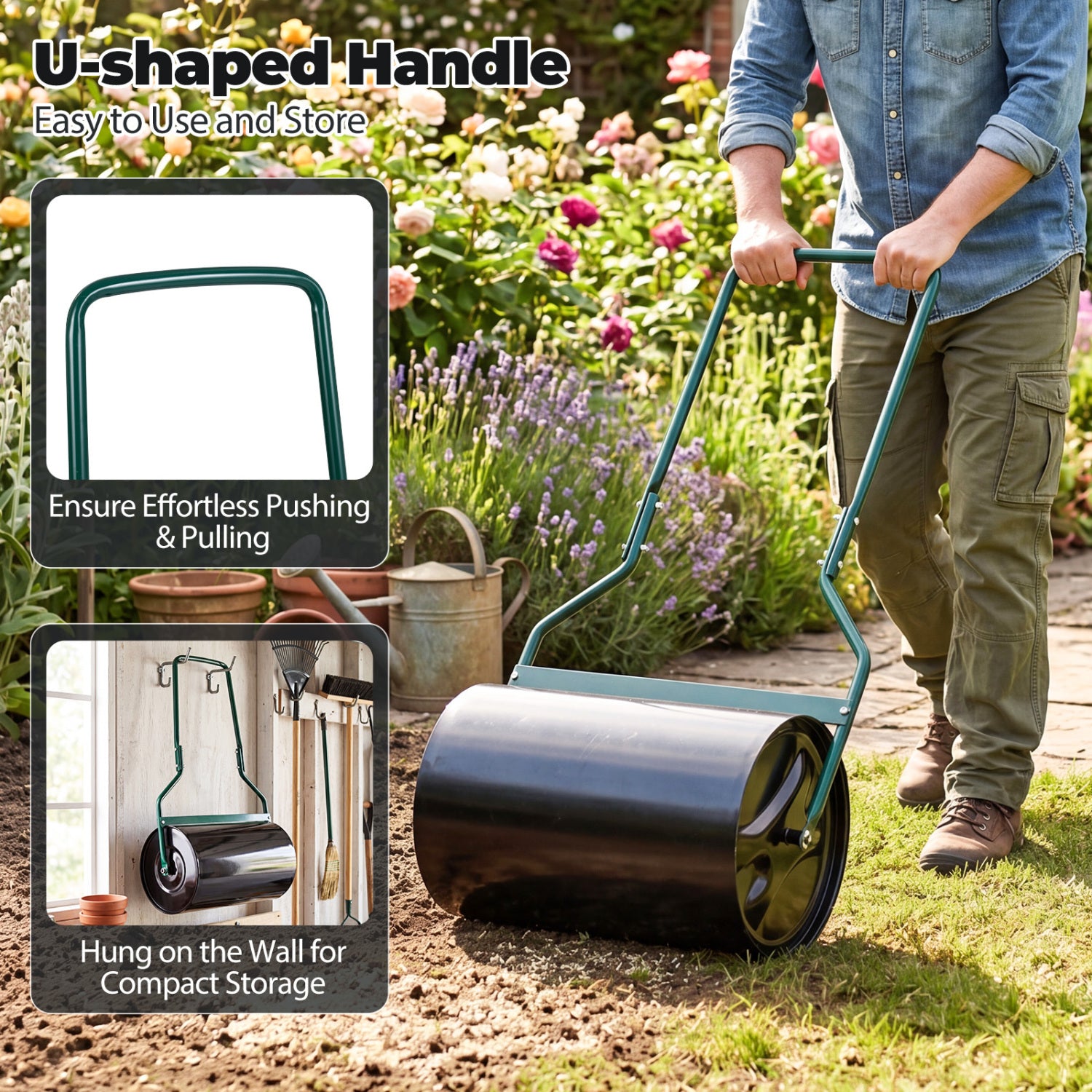 Lawn Roller 12 Gallon Water/Sand Filled Garden Drum Roller with U-shape Handle Lawn Care Tools at Gallery Canada