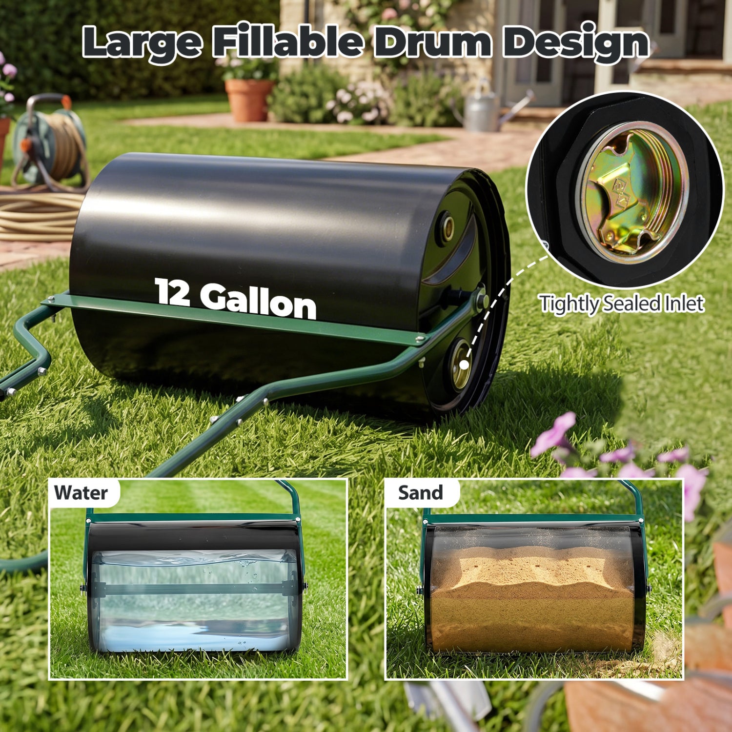 Lawn Roller 12 Gallon Water/Sand Filled Garden Drum Roller with U-shape Handle Lawn Care Tools at Gallery Canada