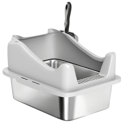 Stainless Steel Cat Litter Box, 17" x 13" x 10", Metal Scoop, Grey