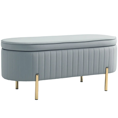 Upholstered Channel Tufted Ottoman Bench, Thick Padding, Metal Legs, Grey