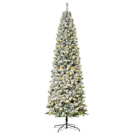9 Feet Prelit Artificial Snow Flocked Pencil Christmas Tree, Slim Xmas Tree with Warm White LED Light, Holiday Home Xmas Decoration, Green - Gallery Canada