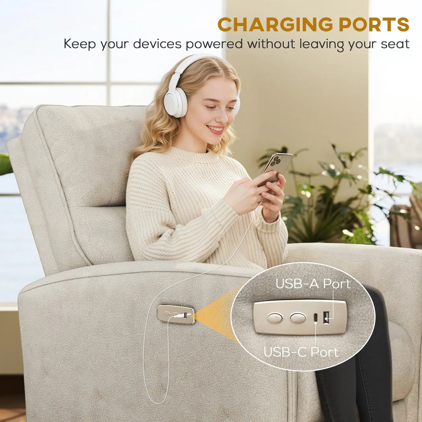 Power Recliner Chair, Fabric Upholstered, USB Ports, Footrest, Beige Sofas & Reclining Chairs at Gallery Canada