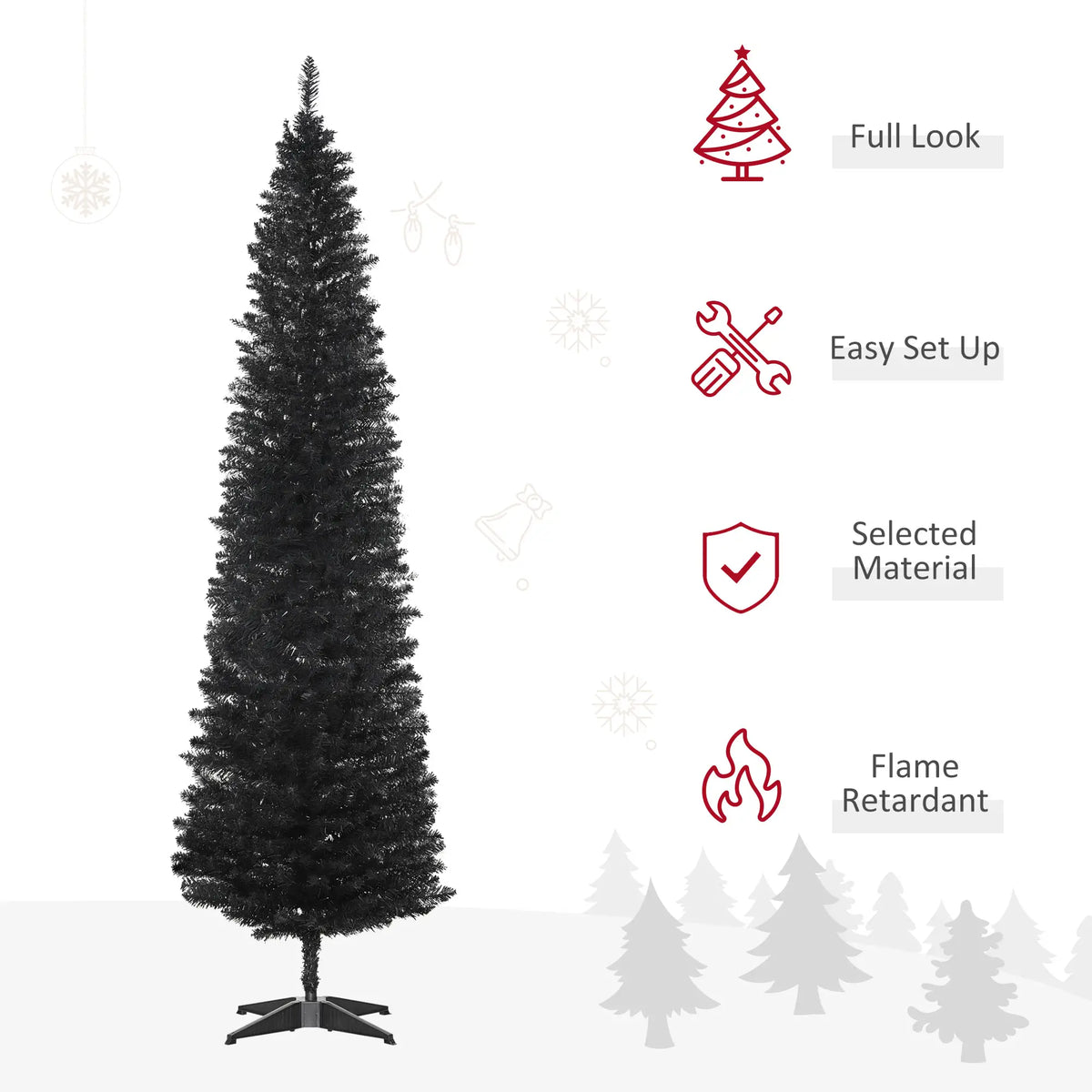 7FT Artificial Pencil Christmas Tree, Realistic Branches, Stable Stand, Black