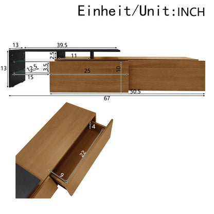 TV Stand With Glass Shelves, LED Lighting, 67" L x 13" W x 13" H, Natural, Black TV Stands at Gallery Canada