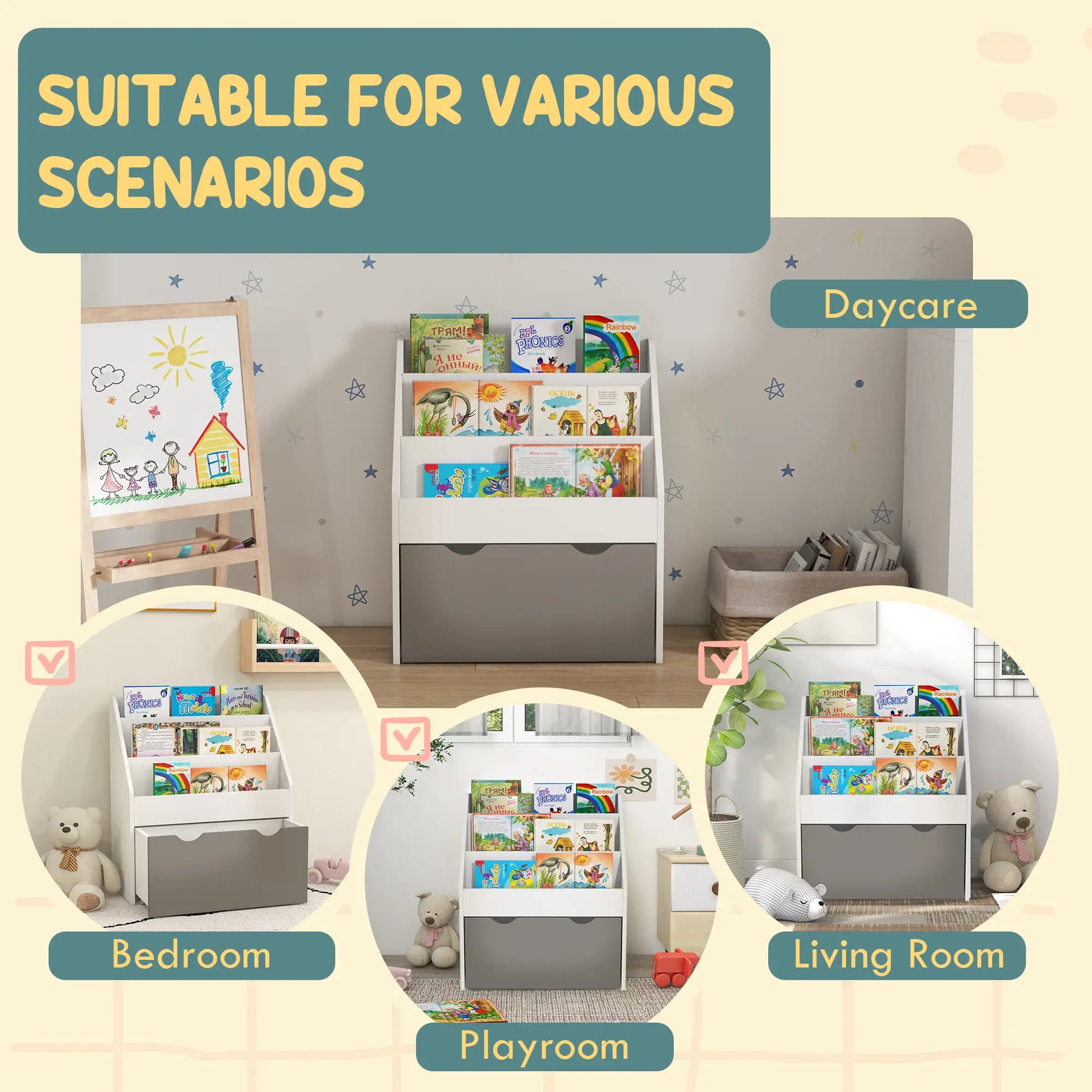 Kids Bookshelf, 3 Tier Display Shelves with Drawer, Grey Baby & Kids Storage at Gallery Canada