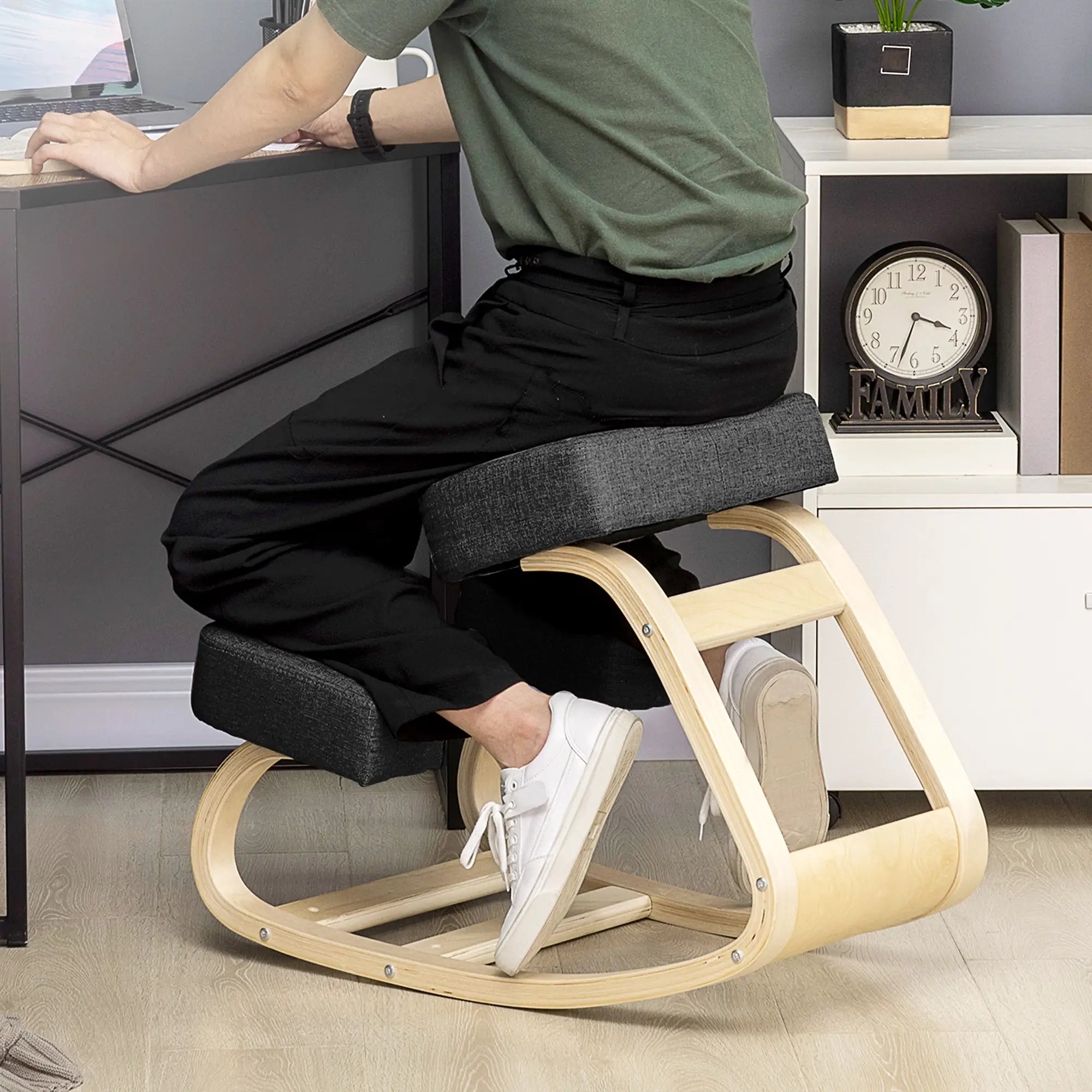 Ergonomic Kneeling Chair, Wood Stool with Thick Pads, Black Office Chairs at Gallery Canada