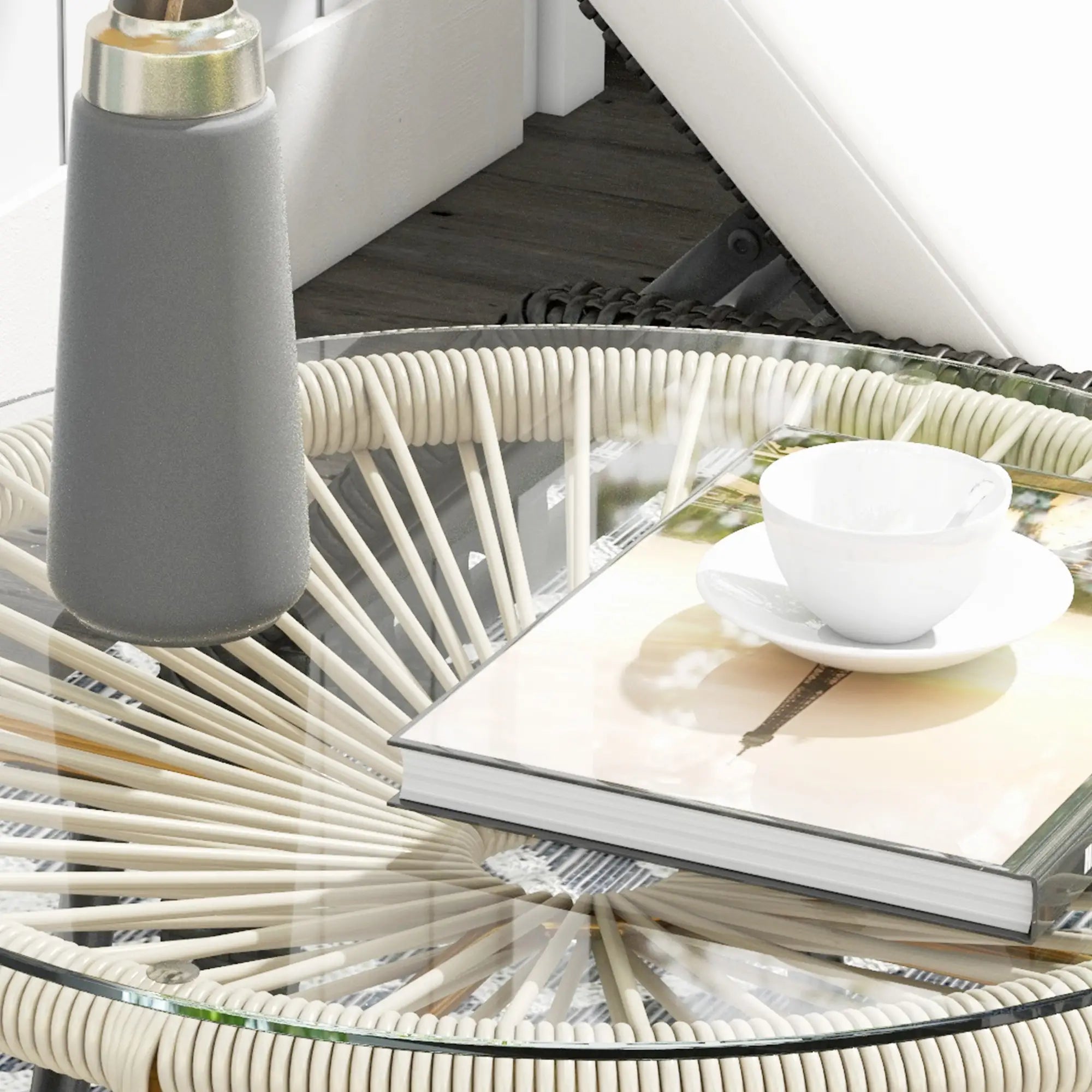 Round Rattan Side Table, With Tempered Glass Top, Cream White Patio Side Tables at Gallery Canada