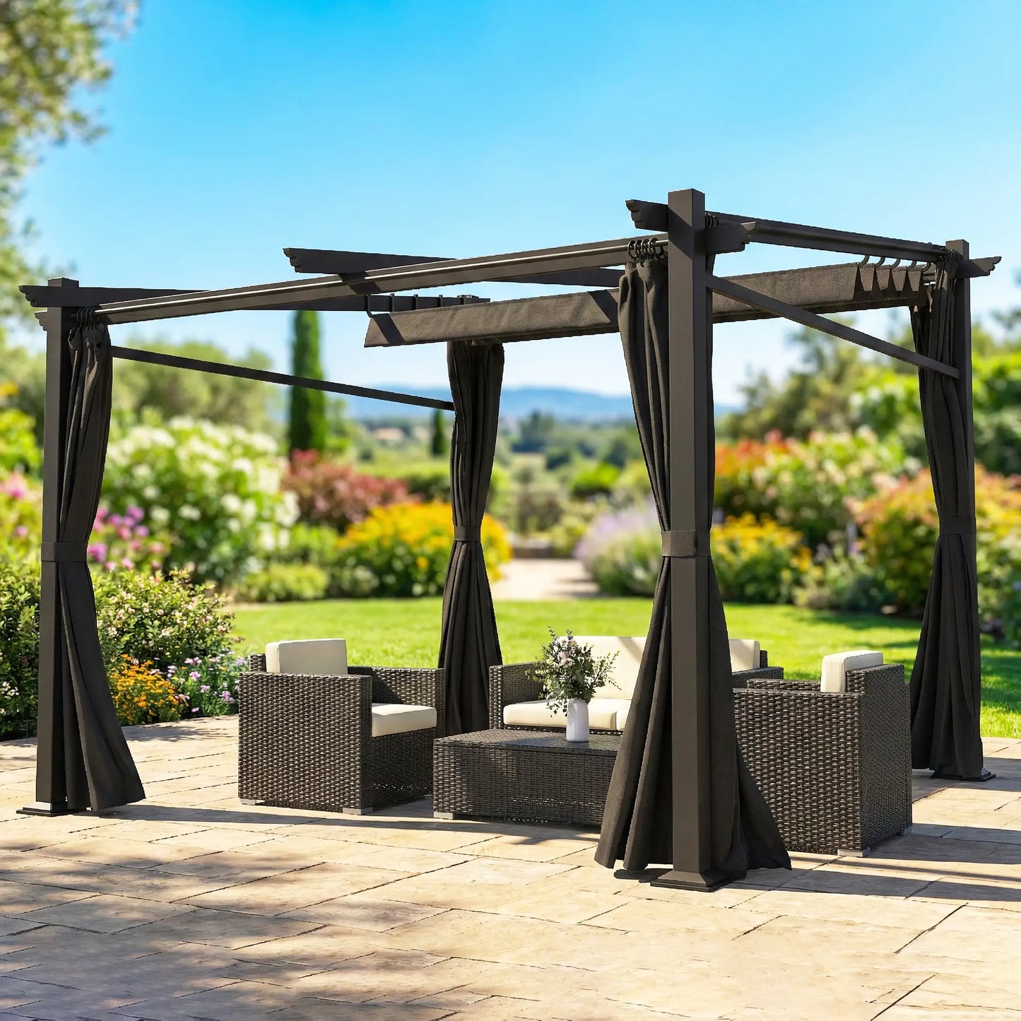 Metal Pergola With Sliding Roof Canopy, 10' x 10', Black Pergolas at Gallery Canada