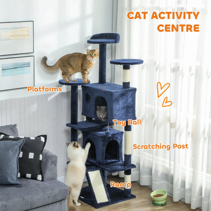 63" Cat Tree, Multi-Level Tower, Scratching Posts, Condos, Bed, Dark Blue