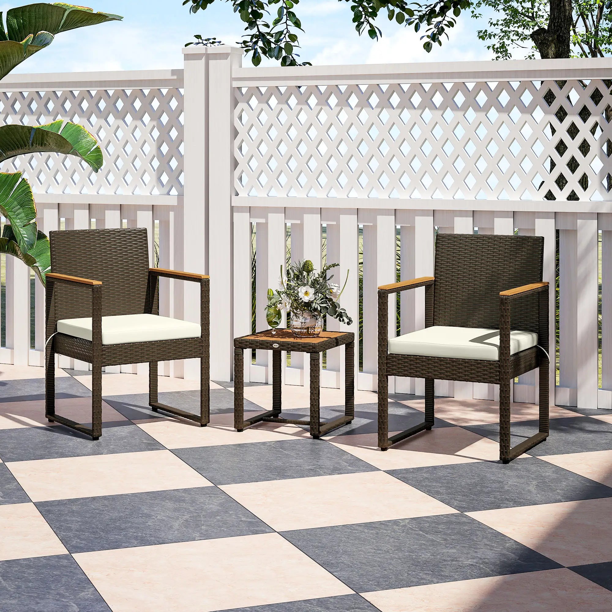 3 Pc Wicker Patio Set, Rattan Bistro w/ Acacia Table, White Bistro Sets at Gallery Canada