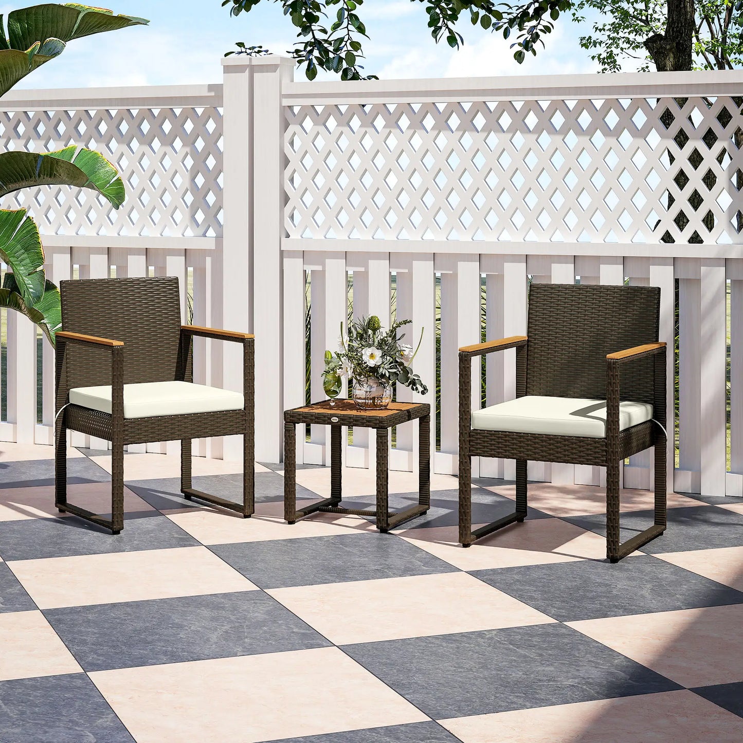 3 Pc Wicker Patio Set, Rattan Bistro w/ Acacia Table, White Bistro Sets at Gallery Canada