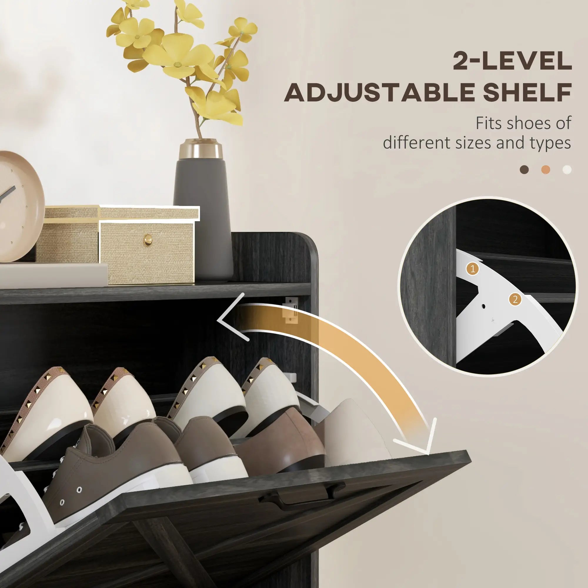 Slim Shoe Storage Cabinet, 2 Flip Drawers, Adjustable Shelves, Distressed, Grey Shoe Storage Cabinets & Racks at Gallery Canada