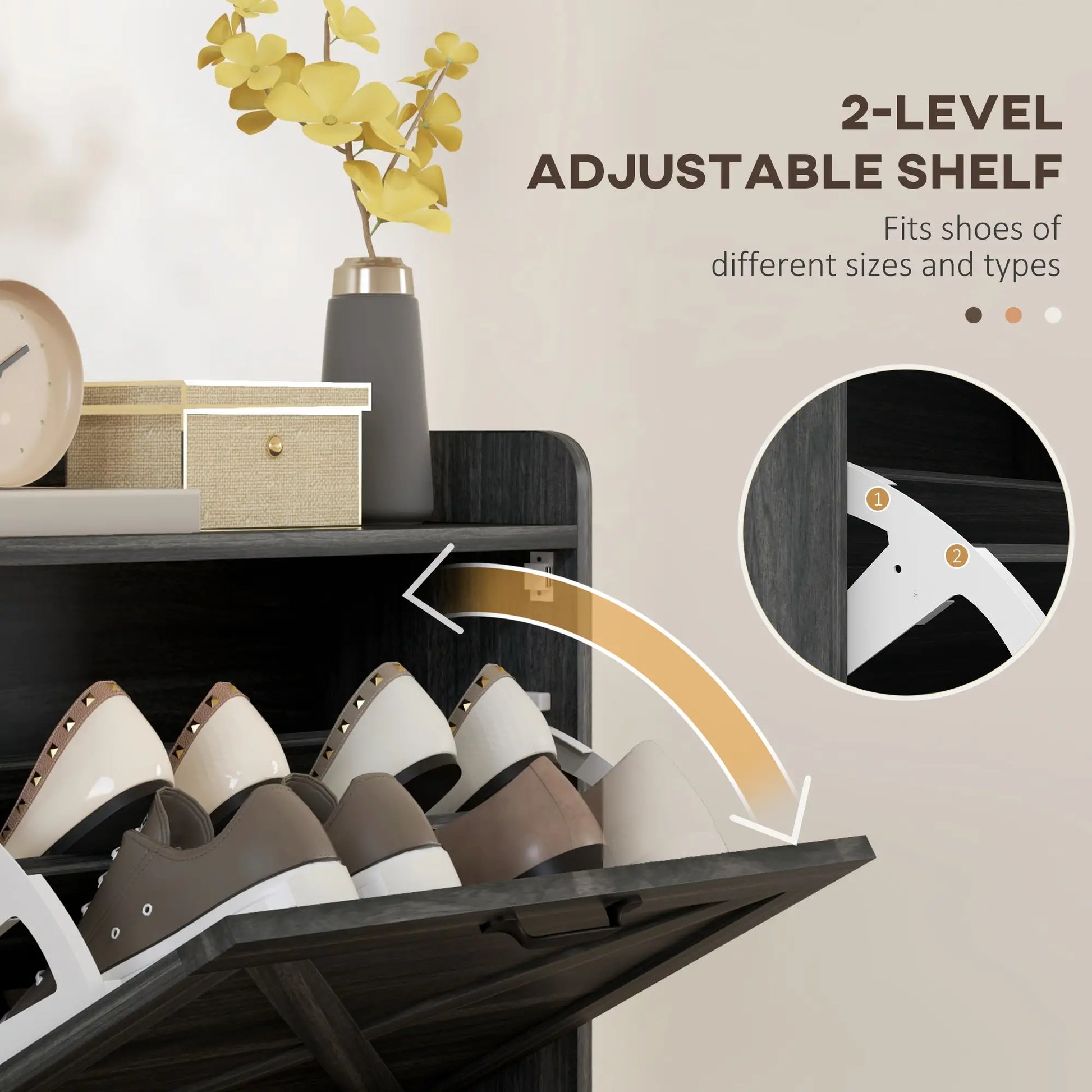 Slim Shoe Storage Cabinet, 2 Flip Drawers, Adjustable Shelves, Distressed, Grey Shoe Storage Cabinets & Racks at Gallery Canada