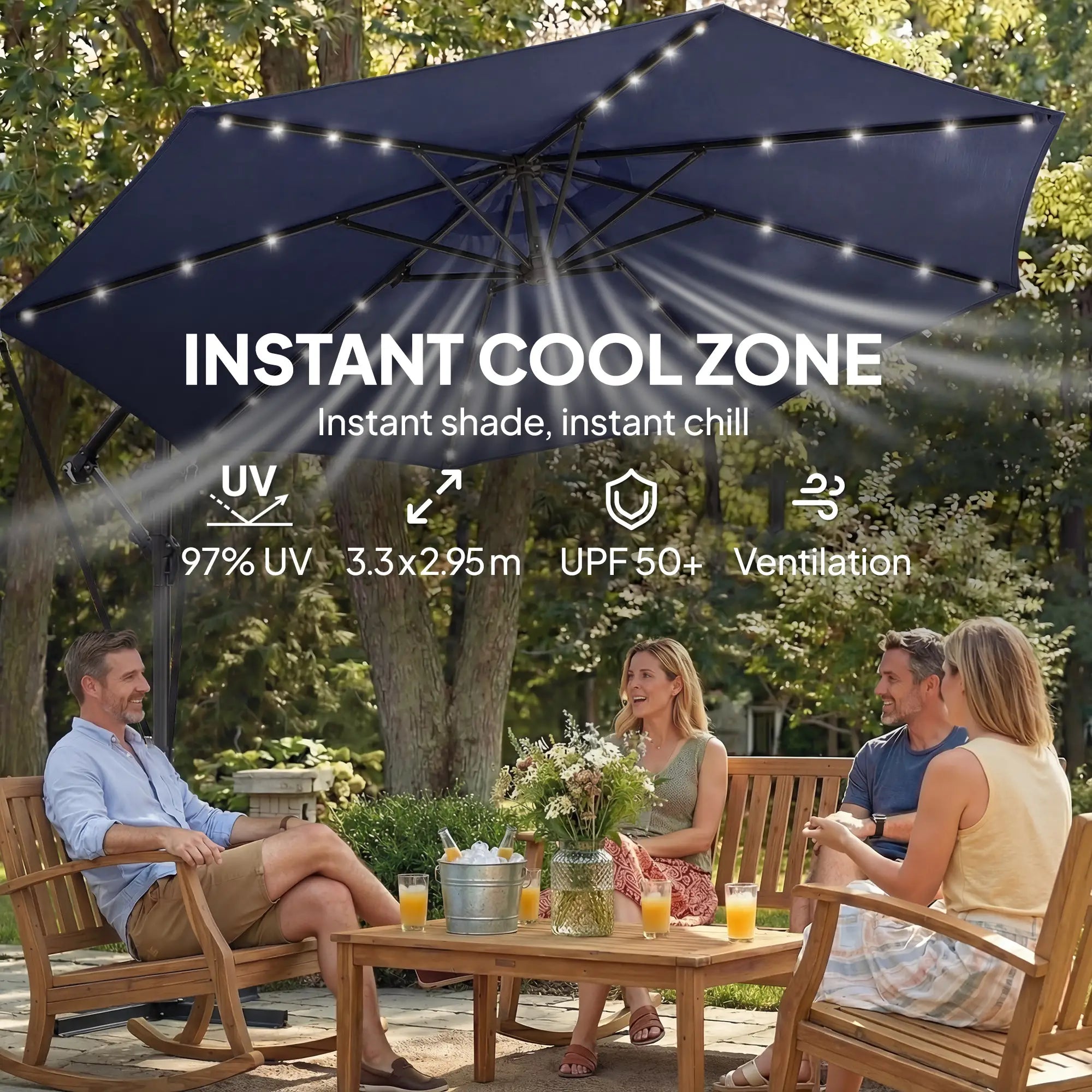 9.7ft Solar LED Cantilever Patio Umbrella, 32 LED Lights, Dark Blue Offset Cantilever Umbrellas at Gallery Canada