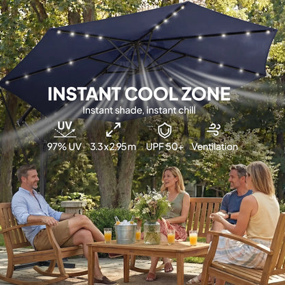 9.7ft Solar LED Cantilever Patio Umbrella, 32 LED Lights, Dark Blue Offset Cantilever Umbrellas at Gallery Canada