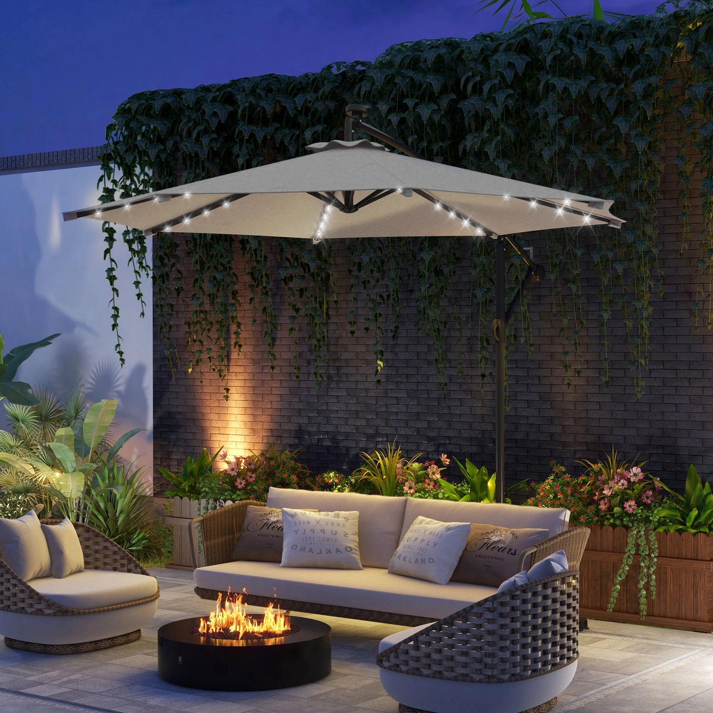 10ft Outdoor Cantilever Umbrella, Solar Lights, Adjustable Angle, Light Grey Cantilever Umbrellas at Gallery Canada