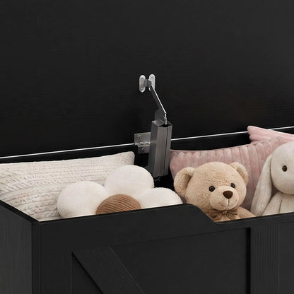 31.5 Inch Storage Chest Trunk with Safety Hinge, Black Wood Grain, Black