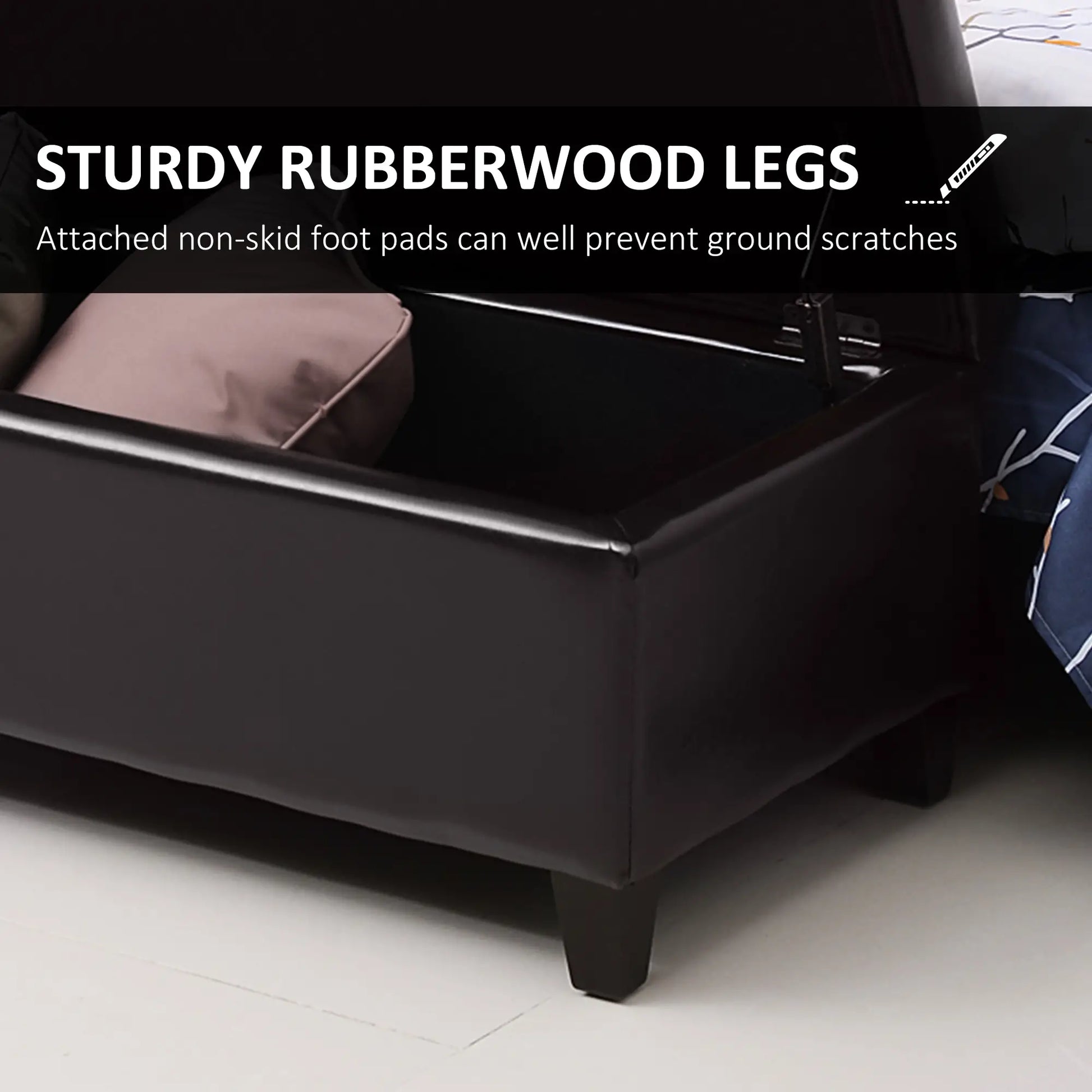 Storage Ottoman Bench, 51 Inches PU Leather, Solid Wood Legs, Brown Storage Ottomans & Benches at Gallery Canada