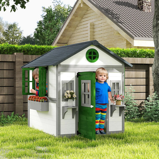 Wooden Playhouse With Door, Windows, Planter Pots, Boxes, White Play Houses White, Green, Grey at Gallery Canada