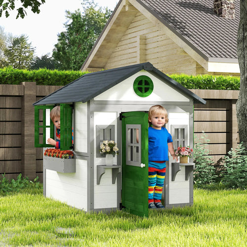 Wooden Playhouse With Door, Windows, Planter Pots, Boxes, White