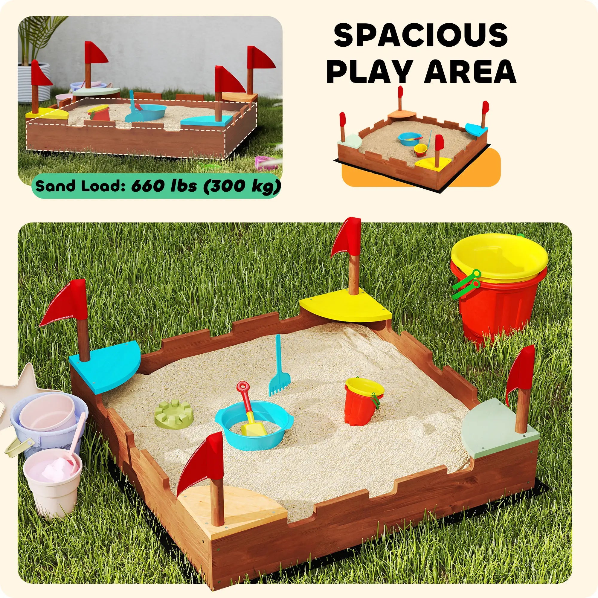 Kids Wooden Sandbox, 4 Colorful Seats, Ground Liner, Brown Sandboxes & Accessories at Gallery Canada