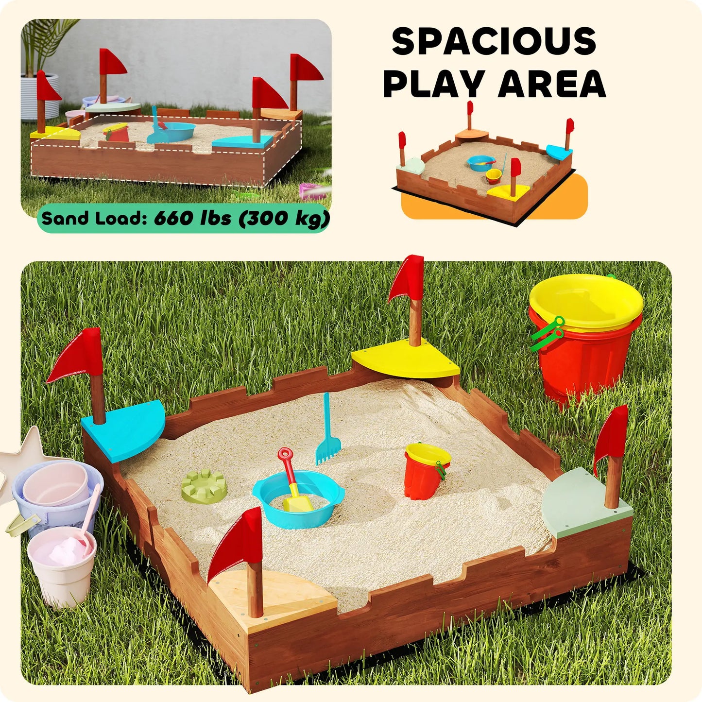Kids Wooden Sandbox, 4 Colorful Seats, Ground Liner, Brown Sandboxes & Accessories at Gallery Canada