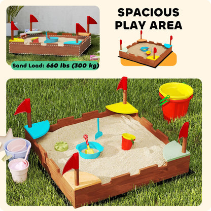 Kids Wooden Sandbox, 4 Colorful Seats, Ground Liner, Brown Sandboxes & Accessories at Gallery Canada