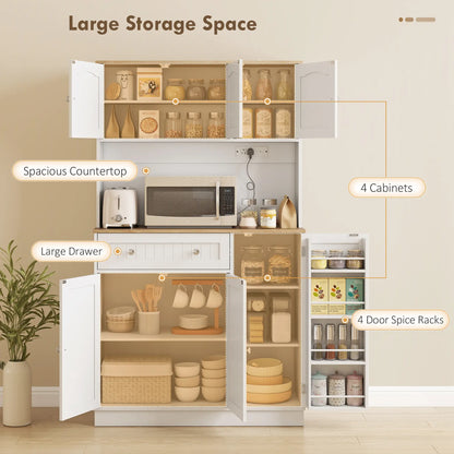 68 Inch Pantry Cabinet with Charging Station, Microwave Stand, 4 Door Racks, White Kitchen Pantry Cabinets at Gallery Canada